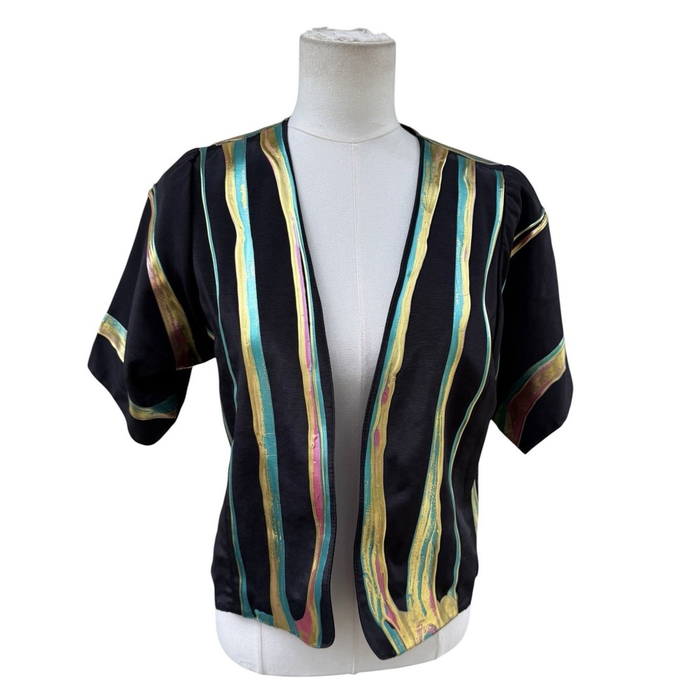 Vintage Wearable Art Jacket S Black Gold Turquoise Abstract Painted Statement